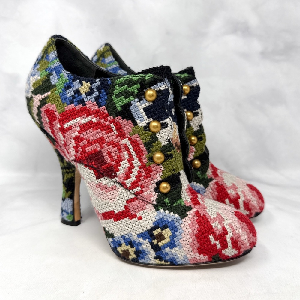 Dolce & Gabbana Vintage Y2K Floral Tapestry Crochet Ankle Bootie Boots Retro 39